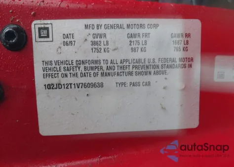 1997 Pontiac Sunfire Gt z USA, uszkodzony, nr VIN 1G2JD12TLV7609638